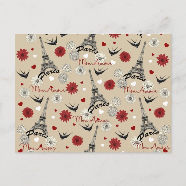 Postal Torre Eiffel, corazones, flores (Anverso)