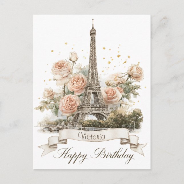 Postal Torre Eiffel "cumpleaños feliz" con nombre persona (Anverso)