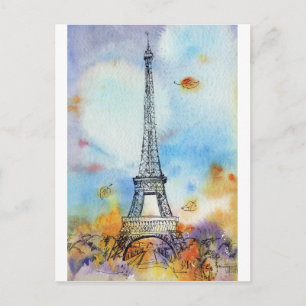 Postal Torre Eiffel de París Acuarela de Otoño