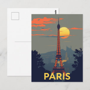 Postal Torre Eiffel de París al Atardecer Vintage Viajes