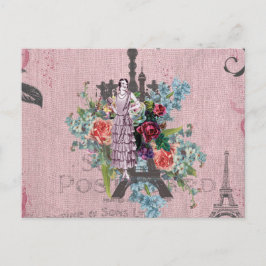 Postal Torre Eiffel de París Chica Corloful Roses Rojas