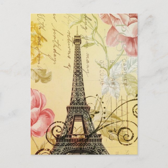 Postal Torre Eiffel de París con flores amarillas (Anverso)