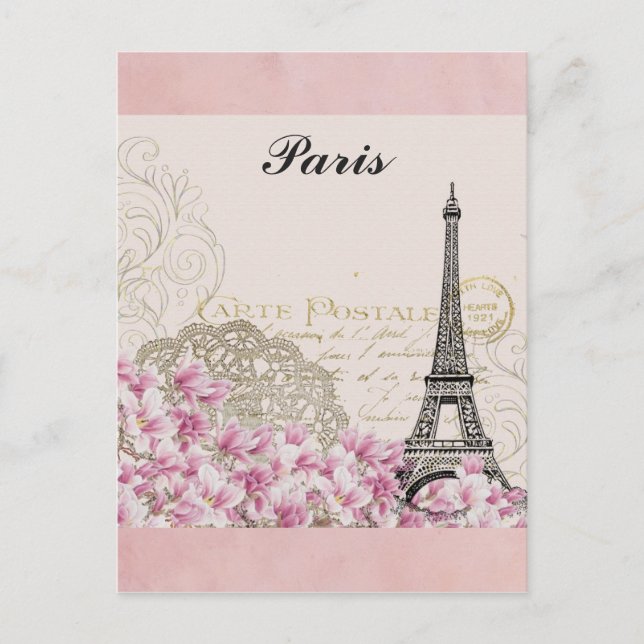 Postal Torre Eiffel de París Flores rosas antiguas de Fra (Anverso)