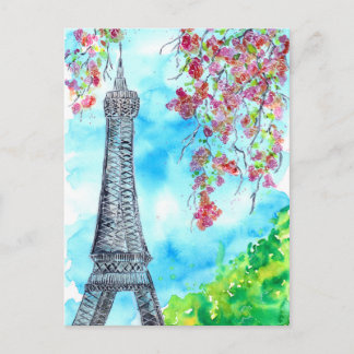 Postal Torre Eiffel en acuarela de primavera
