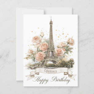 Postal Torre Eiffel "Feliz Cumpleaños" con nombre persona