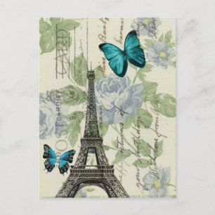 Postal Torre Eiffel floral azul de París de la mariposa