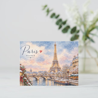 Postal Torre Eiffel Invierno Navidad Río Sena en la nieve
