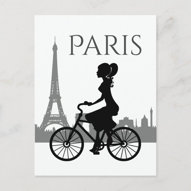 Postal Torre Eiffel París chica y bicicleta (Anverso)