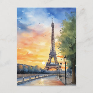 Postal Torre Eiffel París Francia Atardecer Acuarela Viaj
