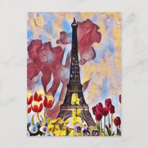 Postal Torre Eiffel, Paris Iris, Tulips Flores Primarias