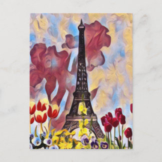 Postal Torre Eiffel, Paris Iris, Tulips Flores Primarias