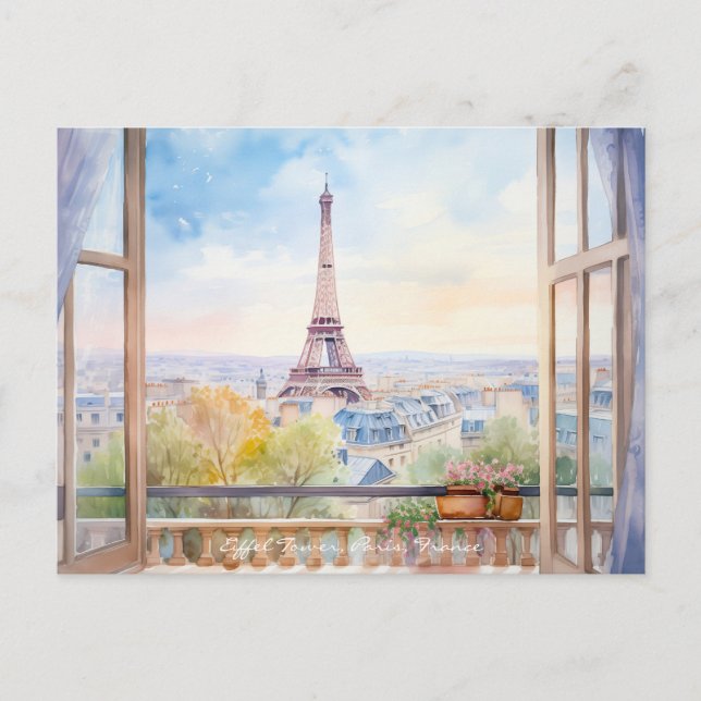 Postal Torre Eiffel Pintado de Agua París Viajes Arte (Anverso)