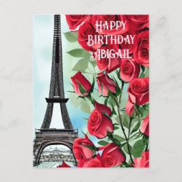 Postal Torre Eiffel Rosas Rojas Románticas Feliz cumpleañ