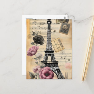 Postal Torre Eiffel Sepia Vintage y Flores Rosa