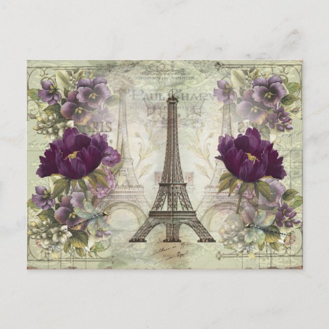 Postal Torre Eiffel Viejo París Francia con flores (Anverso)