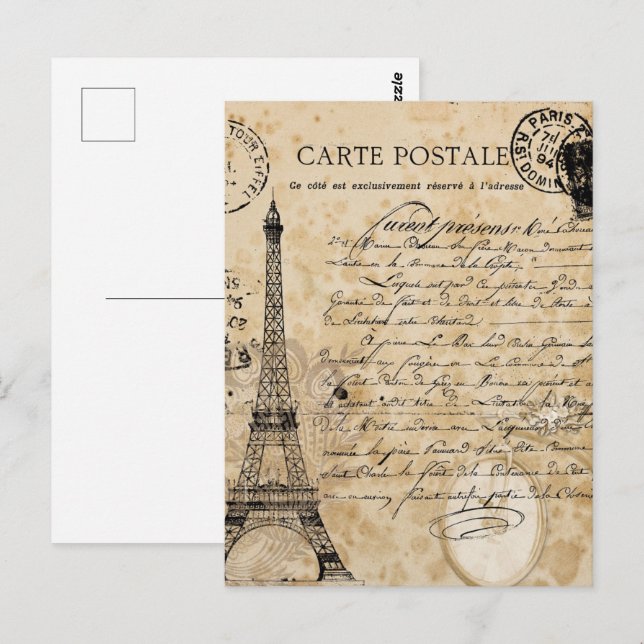 Postal Torre Eiffel Vintage de París (Anverso / Reverso)