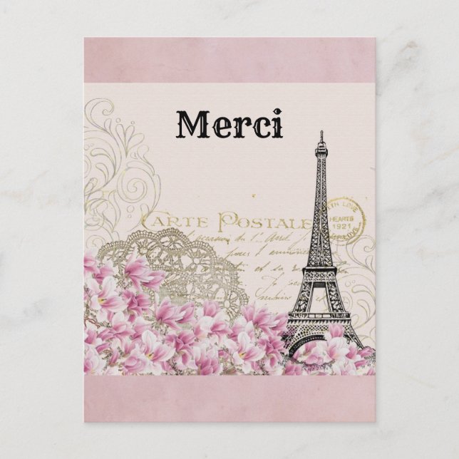 Postal Torre Eiffel Vintage París Francia Gracias (Anverso)