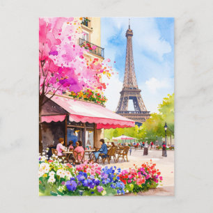 Postal Torre Eiffel y Café Retro de París en acuarela