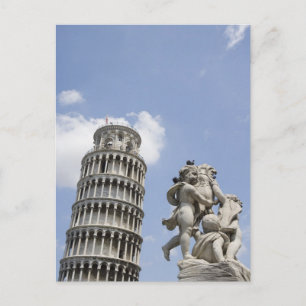 Postal Torre inclinada de Pisa y estatua, Italia