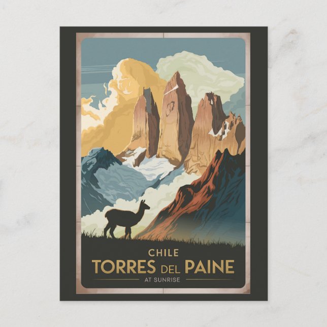 Postal Torres del Paine Chile Ilustración Arte de Viaje (Anverso)