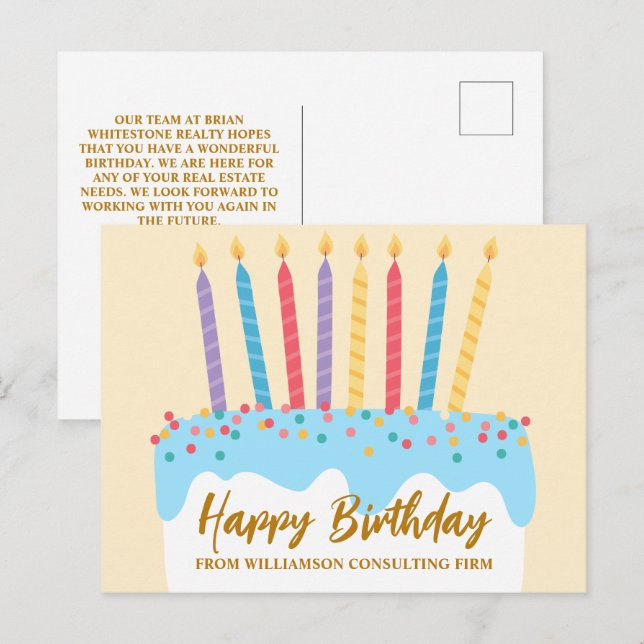Postal Torta de Cumpleaños Chic Negocio Personalizado (Anverso / Reverso)