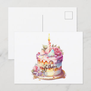 Postal Torta de cumpleaños con flores de acuarela