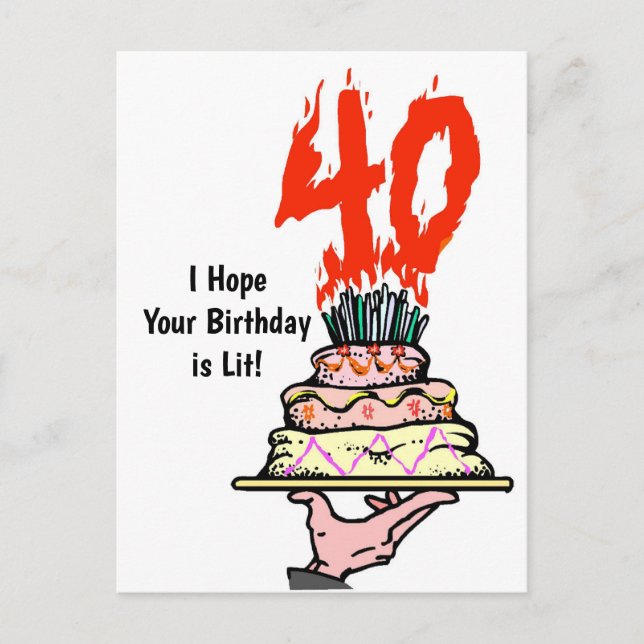Postal Torta de cumpleaños en llamas con 40 velas (Anverso)