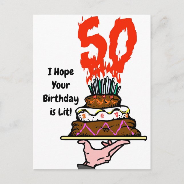 Postal Torta de cumpleaños en llamas con 50 velas postale (Anverso)