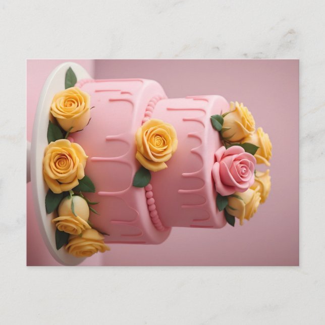 Postal Torta de fondant rosa con rosas (Anverso)