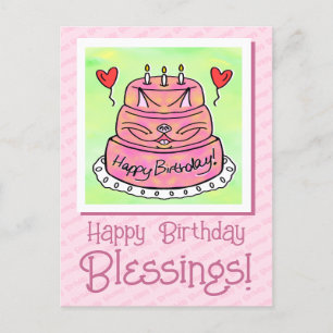 Postal Torta de Gato Rosa Linda Feliz Cumpleaños Bendicio