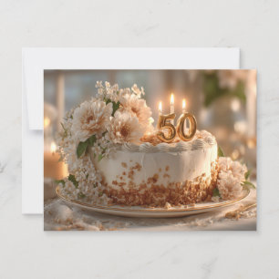 Postal Torta elegante de cumpleaños 50 con adorno dorado