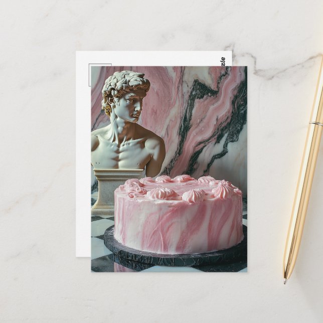 Postal Torta rosa y estatua de mármol (Anverso/Reverso In Situ)