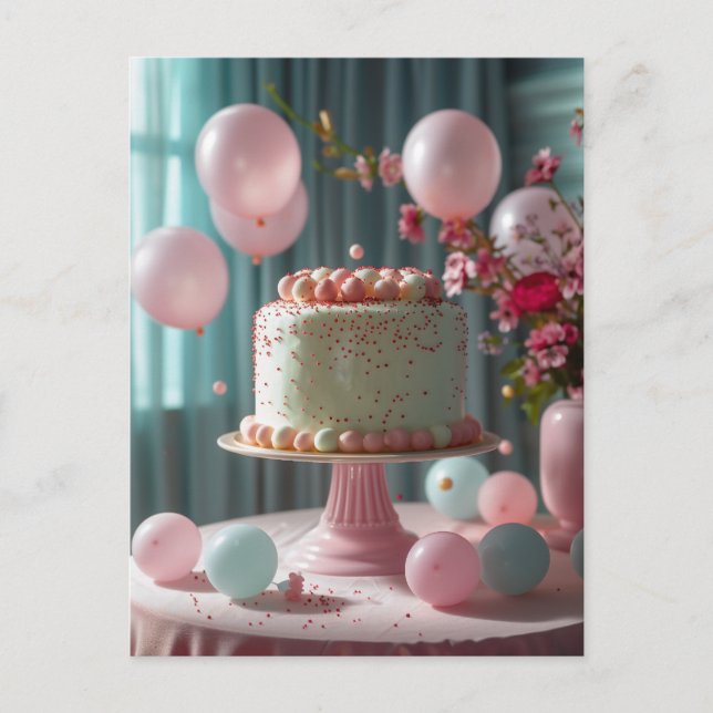 Postal Torta Rosa y Globos (Anverso)