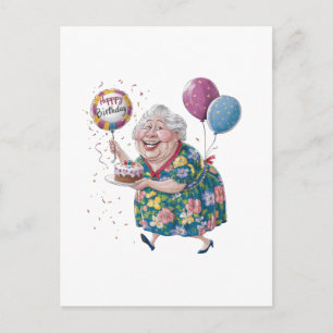 Postal Torta y globo de cumpleaños divertida para abuela