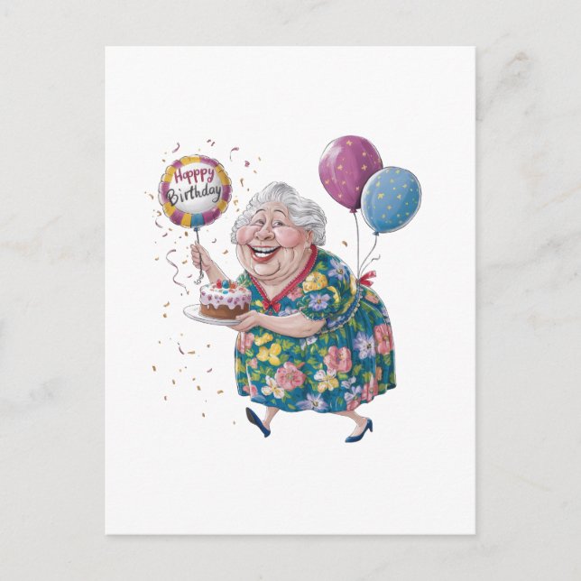 Postal Torta y globo de cumpleaños divertida para abuela (Anverso)