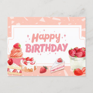 Postal Tortas De Frutas De Fresa De Acuarela Cumpleaños F