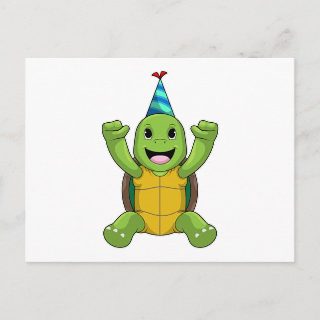 Postal Tortuga en cumpleaños con sombrero de fiesta (Anverso)