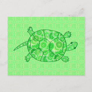 Postal Tortuga giratoria fractal - cal y verde esmeralda