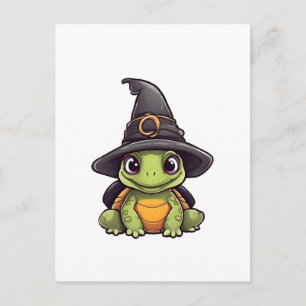 Postal Tortuga linda de Halloween con sombrero de bruja.