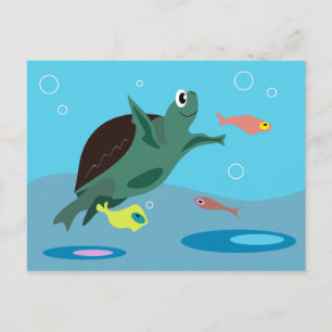 Postal Tortuga Marina Adorable Bajo el Arte Marino