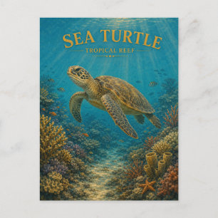 Postal Tortuga Marina Arrecife Tropical Acuarela GeoSaga