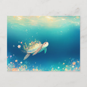 Postal Tortuga Marina Caprichosa y Floración Floral