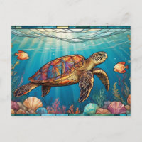 Tortuga marina de vidrio templado, pescado, coral,