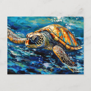 Postal Tortuga marina en pinceladas expresivas al óleo