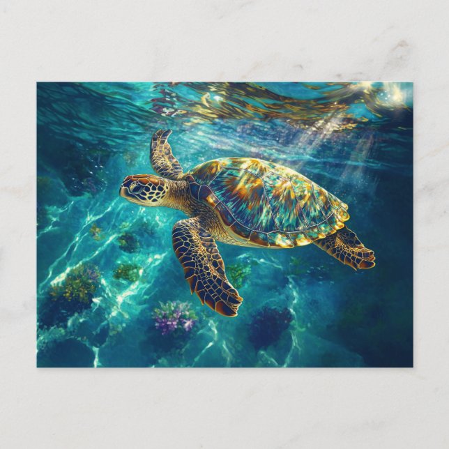 Postal Tortuga marina en un hermoso agua azul (Anverso)