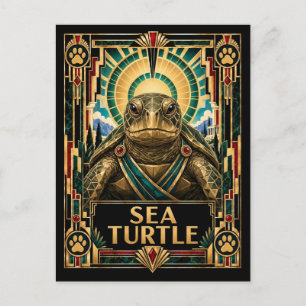 Postal Tortuga marina, fauna y flora Art Déco