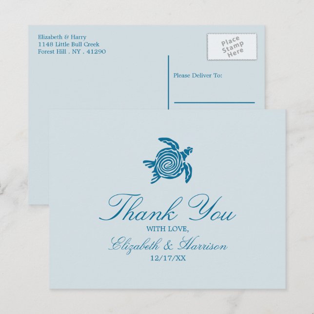 Postal Tortuga marina oceánica, boda de playa azul mar Gr (Anverso / Reverso)