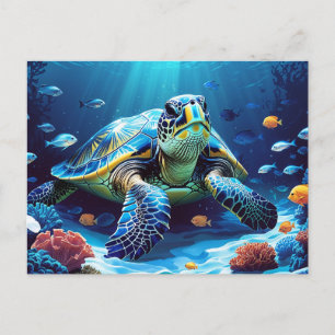 Postal Tortuga marina, peces tropicales, arrecife de cora