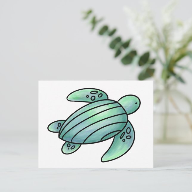 Postal tortuga marina pintada con acuarela azul verde de  (Anverso de pie)
