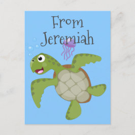 Postal Tortuga marina verde suave feliz ilustracion perso